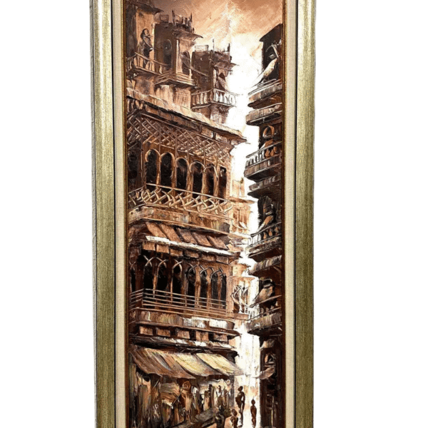 Abstract Lahore Cityscape Palette Knife Oil Painting, Handmade Canvas Art with Antique Gold Frame (39” x 15”)