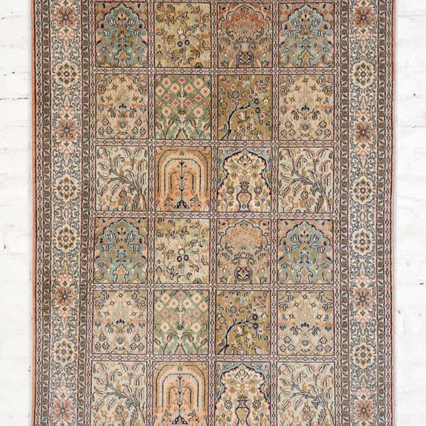 Oriental Kashmir Handknotted Silk Carpet, 4x6 ft, Olive Traditional Design