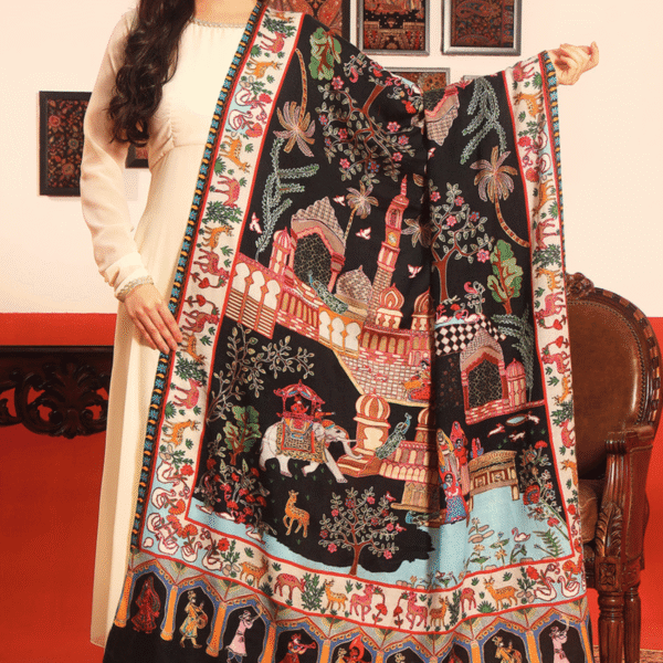 Mughal Bagh Kalamkari Embroidered Wool Shawl